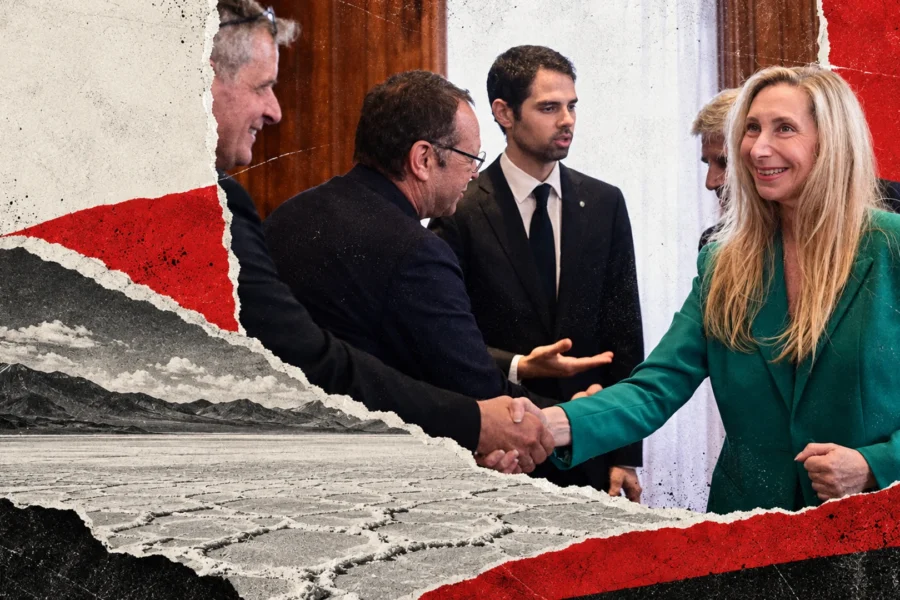 Collage de Karina Milei en la reunión oficial con Eramet en París, con papel rasgado rojo y marfil y un salar ilustrativo separado de la fotografía.