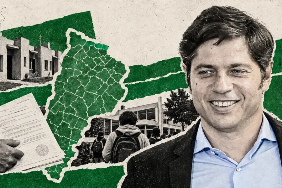 Collage conceptual. Kicillof prepara una gira por siete municipios bonaerenses. No es fotografía documental del hecho.