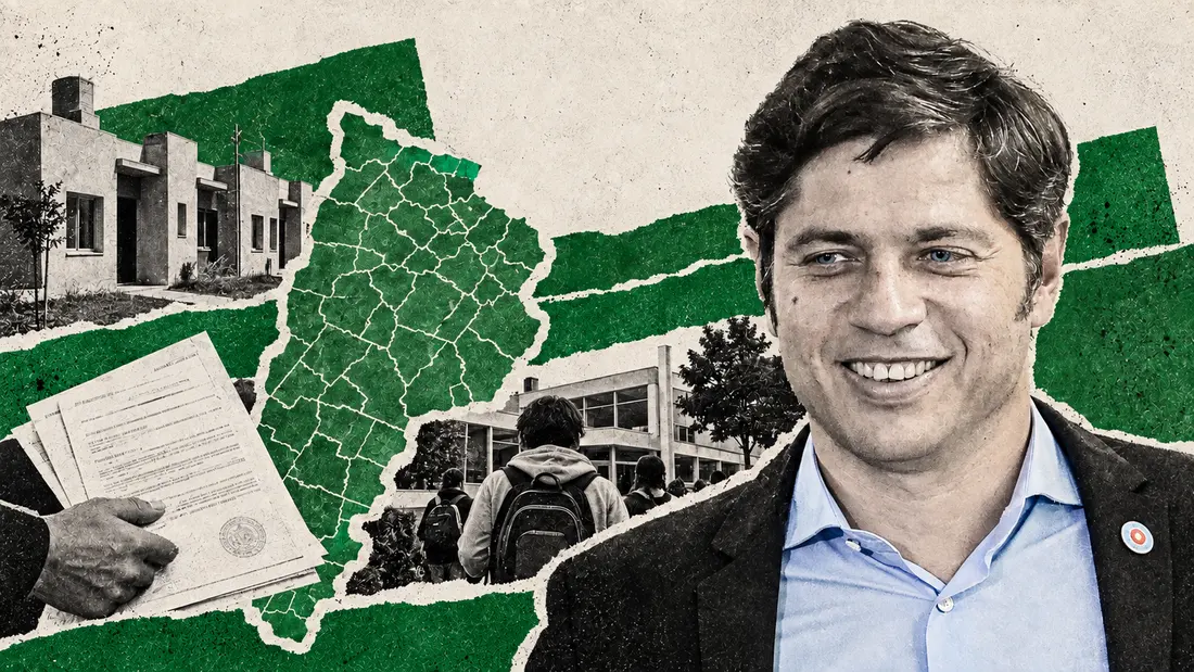 Collage conceptual. Kicillof prepara una gira por siete municipios bonaerenses. No es fotografía documental del hecho.