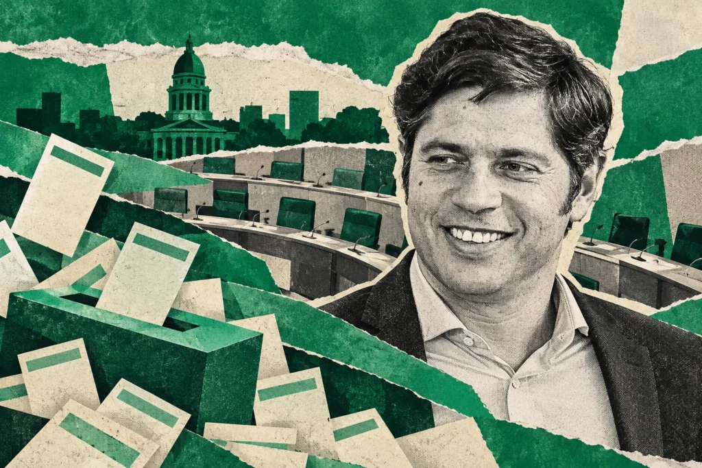 Collage original de La Red, asistido por IA,30/10/2026. Retrato real de archivo de Axel Kicillof: Ricardo Stuckert/PR,13/08/2024, vía Lula Oficial/Wikimedia Commons,CC BY-SA2.0. Recorte, monocromo y montaje; adaptación bajo CC BY-SA2.0. Boletas y recinto conceptuales, no fotografía de la reunión del29.
