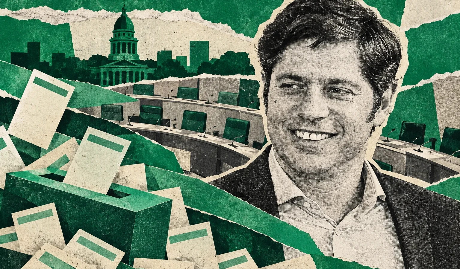 Collage original de La Red, asistido por IA,30/10/2026. Retrato real de archivo de Axel Kicillof: Ricardo Stuckert/PR,13/08/2024, vía Lula Oficial/Wikimedia Commons,CC BY-SA2.0. Recorte, monocromo y montaje; adaptación bajo CC BY-SA2.0. Boletas y recinto conceptuales, no fotografía de la reunión del29.