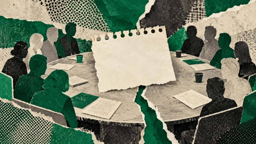 Collage verde con calendario sin fecha y siluetas de papel en una mesa dividida: disputa por la convocatoria paritaria