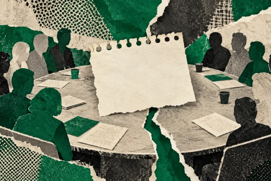 Collage verde con calendario sin fecha y siluetas de papel en una mesa dividida: disputa por la convocatoria paritaria