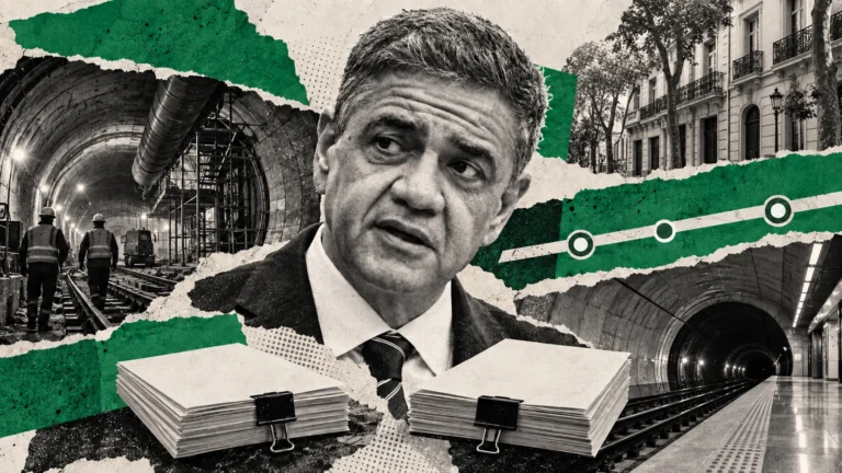 Collage editorial de Jorge Macri con túneles ilustrativos y papeles de licitación. Retrato de archivo, no fotografía del acontecimiento.