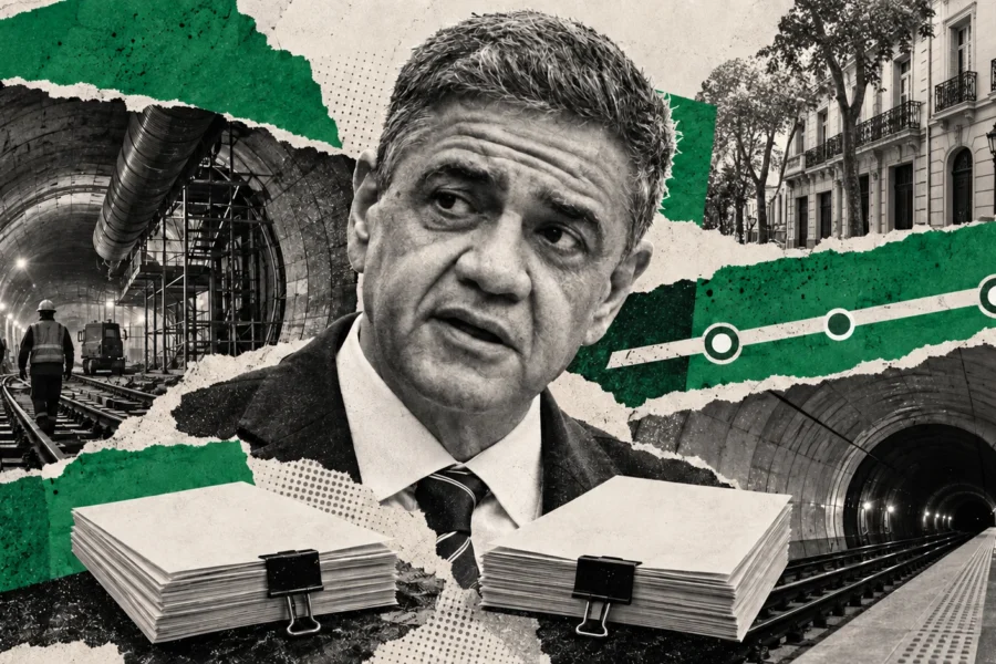 Collage editorial de Jorge Macri con túneles ilustrativos y papeles de licitación. Retrato de archivo, no fotografía del acontecimiento.