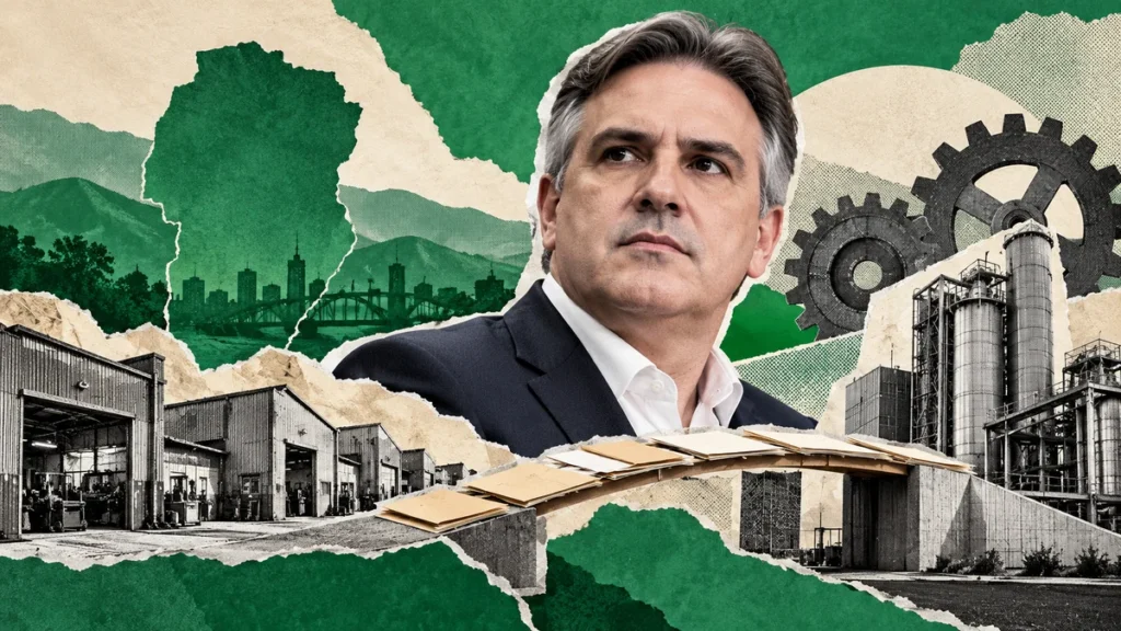 Collage verde con retrato interpretativo de Martín Llaryora, fábricas y carpetas: disputa por incentivos para pymes