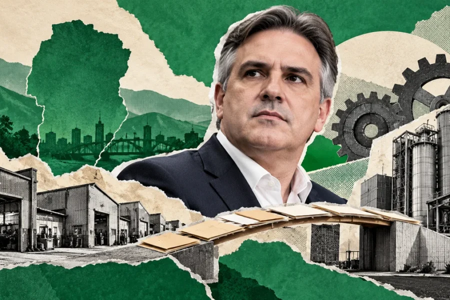 Collage verde con retrato interpretativo de Martín Llaryora, fábricas y carpetas: disputa por incentivos para pymes