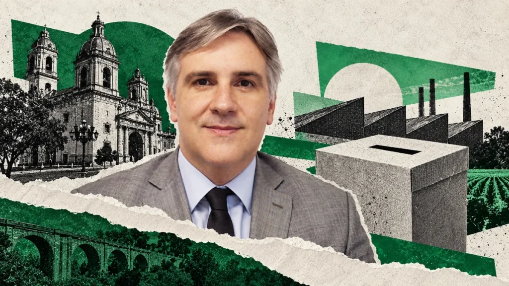 Martín Llaryora reconocible de archivo con urna e industria ilustrativas en collage sobre su proyecto provincial