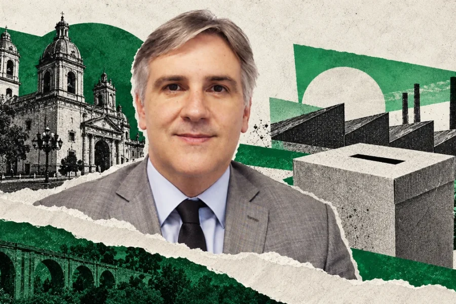 Martín Llaryora reconocible de archivo con urna e industria ilustrativas en collage sobre su proyecto provincial