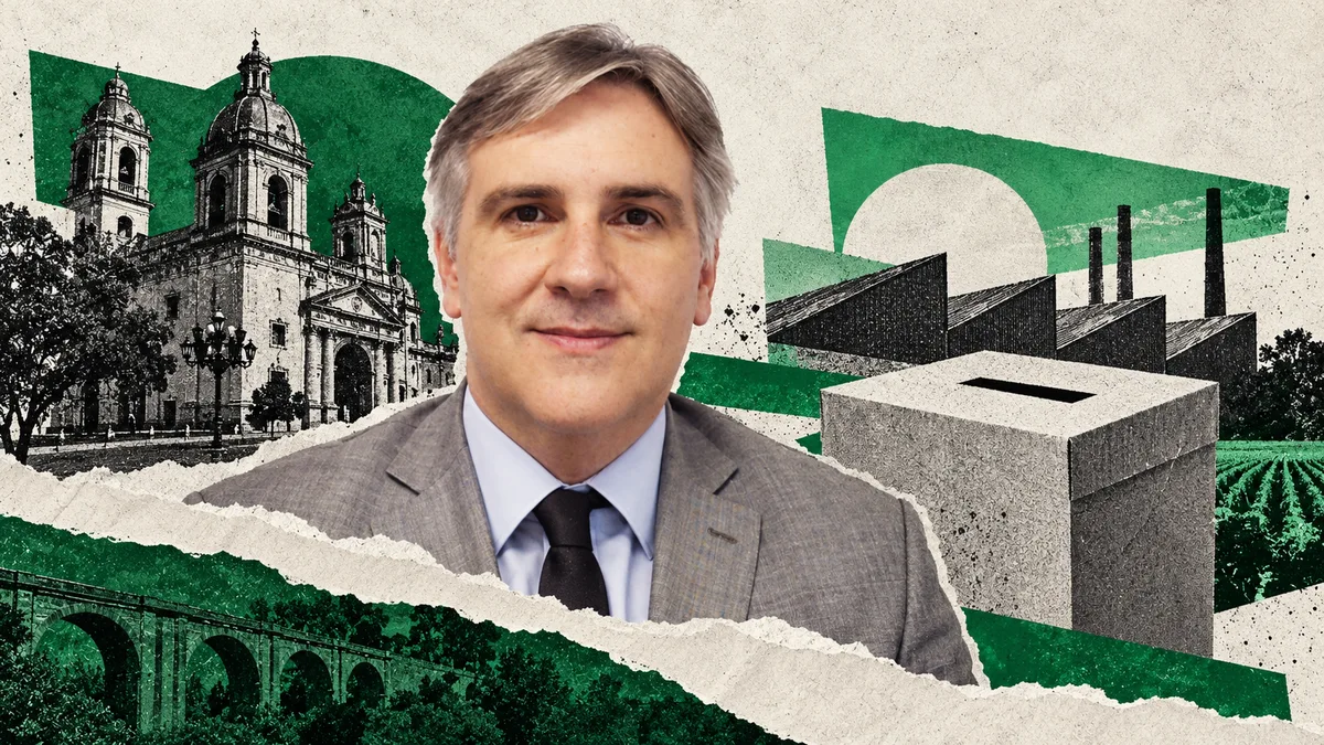 Martín Llaryora reconocible de archivo con urna e industria ilustrativas en collage sobre su proyecto provincial