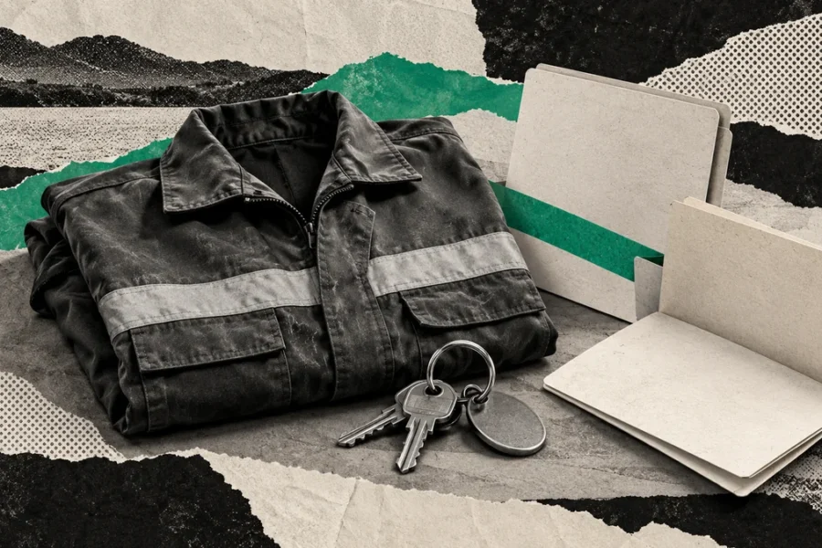 Collage verde con chaqueta de trabajo, llaves y carpetas abiertas: carrera municipal y negociación colectiva