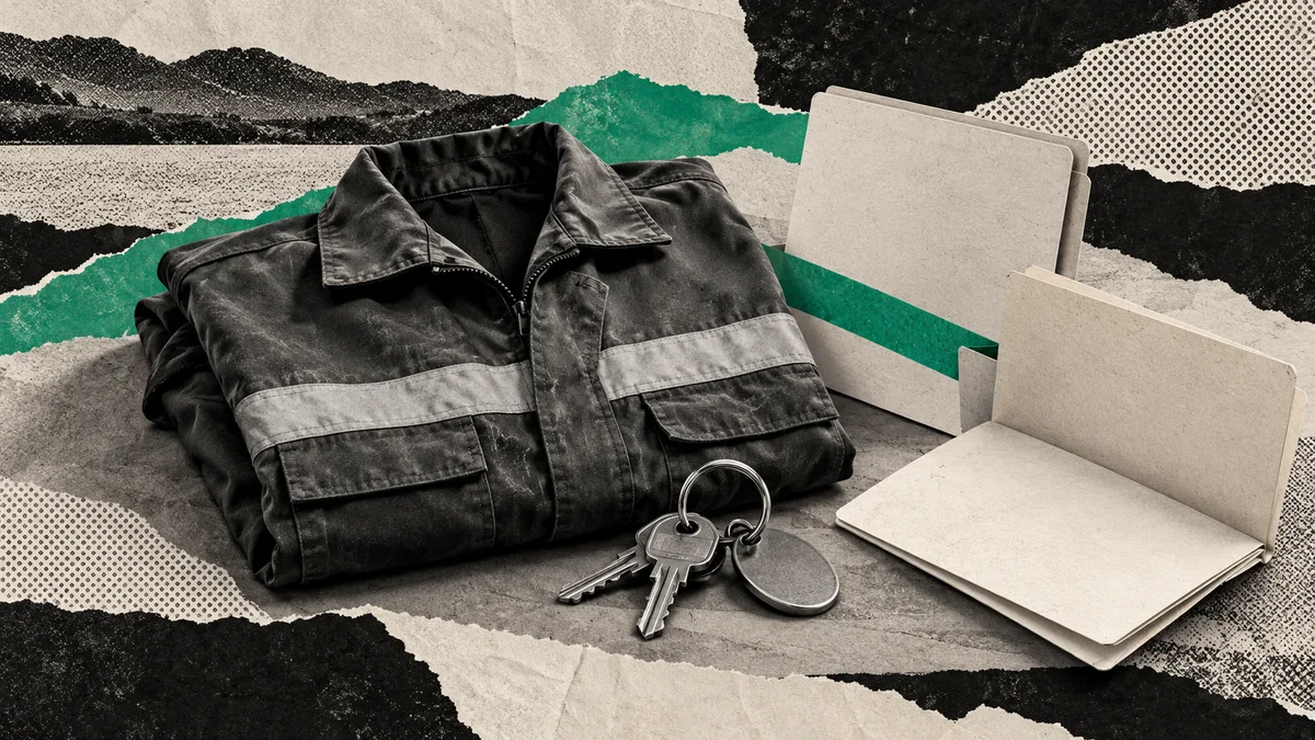 Collage verde con chaqueta de trabajo, llaves y carpetas abiertas: carrera municipal y negociación colectiva