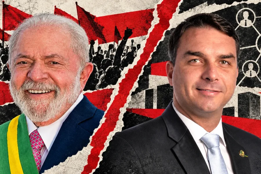 Lula y Flávio Bolsonaro reconocibles en dos recortes independientes de archivo, sin sugerir una reunión