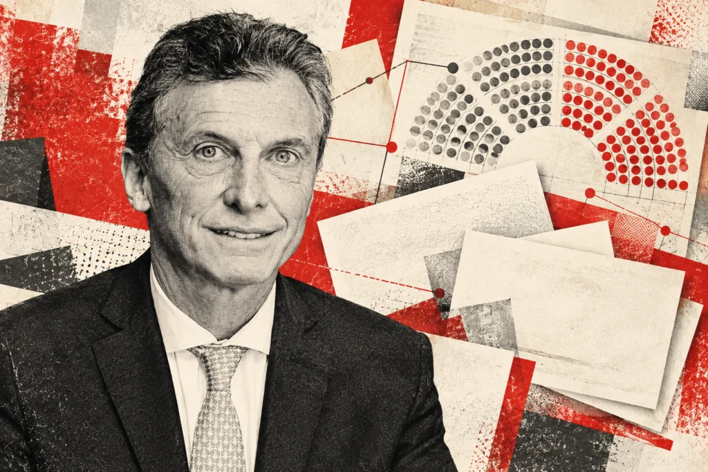 Collage original de La Red, asistido por IA,30/10/2026. Retrato real de archivo de Mauricio Macri: Casa Rosada,10/12/2015, recorte de TharonXX vía Wikimedia Commons,CC BY2.5AR. Recorte, monocromo y montaje declarados. Papeles y recinto conceptuales; no fotografía de la cena, alianza firmada ni ruptura.