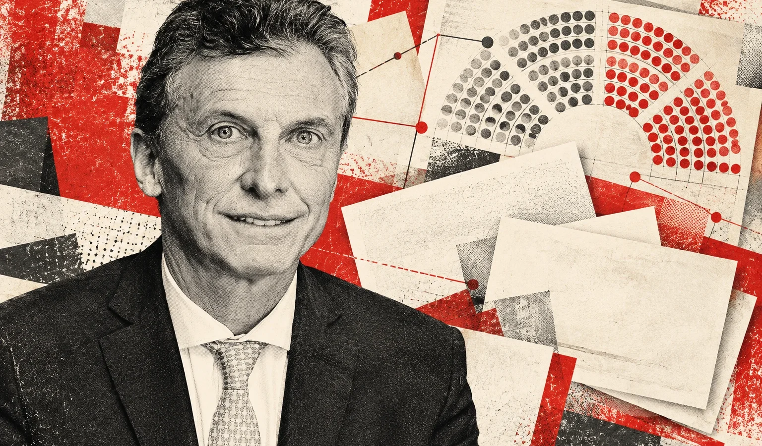 Collage original de La Red, asistido por IA,30/10/2026. Retrato real de archivo de Mauricio Macri: Casa Rosada,10/12/2015, recorte de TharonXX vía Wikimedia Commons,CC BY2.5AR. Recorte, monocromo y montaje declarados. Papeles y recinto conceptuales; no fotografía de la cena, alianza firmada ni ruptura.