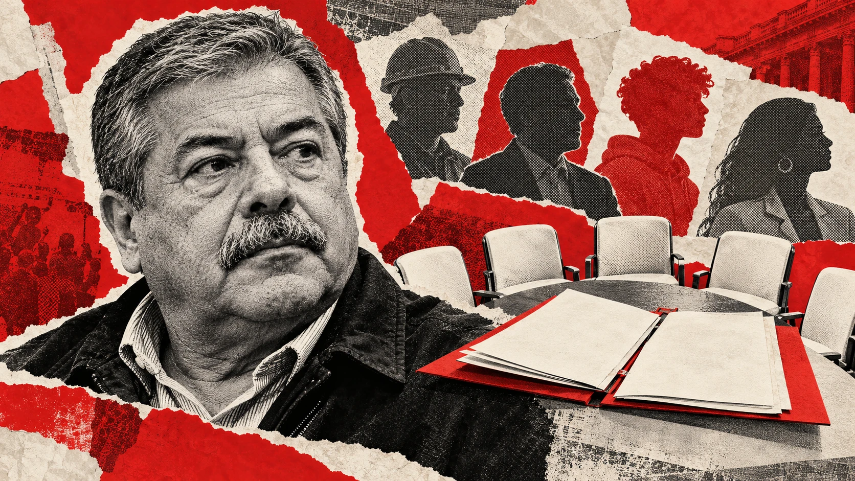 Collage conceptual original de La Red, asistido por IA, 26/10/2026. Retrato sintético de Gerardo Martínez junto a asientos y carpetas abstractos. No fotografía de una reunión, exclusión o acuerdo reales.