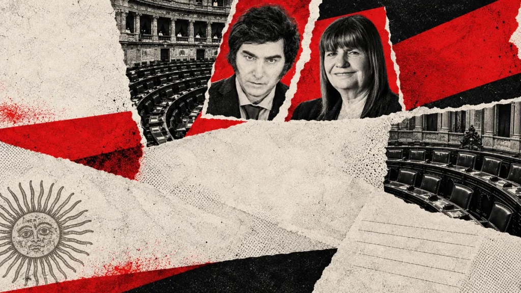 Collage conceptual con retratos de archivo de Javier Milei y Patricia Bullrich, papel rasgado rojo y bancas ilustrativas