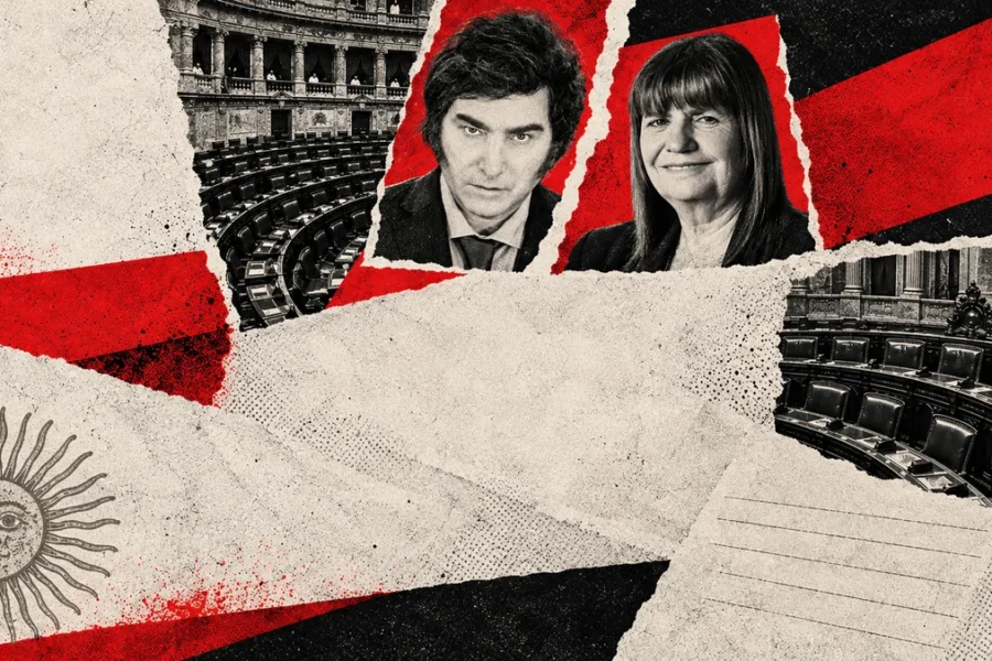 Collage conceptual con retratos de archivo de Javier Milei y Patricia Bullrich, papel rasgado rojo y bancas ilustrativas