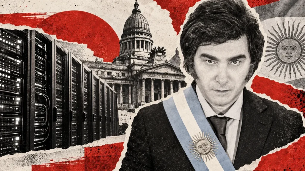 Javier Milei reconocible en collage conceptual con retrato de archivo, servidores ilustrativos y Congreso; no fotografía de la visita a Malasia