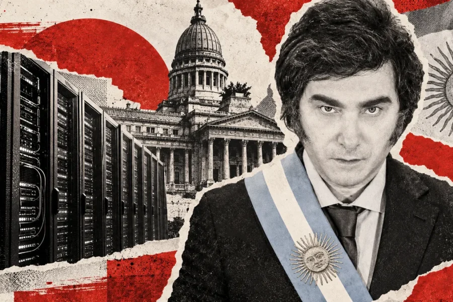 Javier Milei reconocible en collage conceptual con retrato de archivo, servidores ilustrativos y Congreso; no fotografía de la visita a Malasia