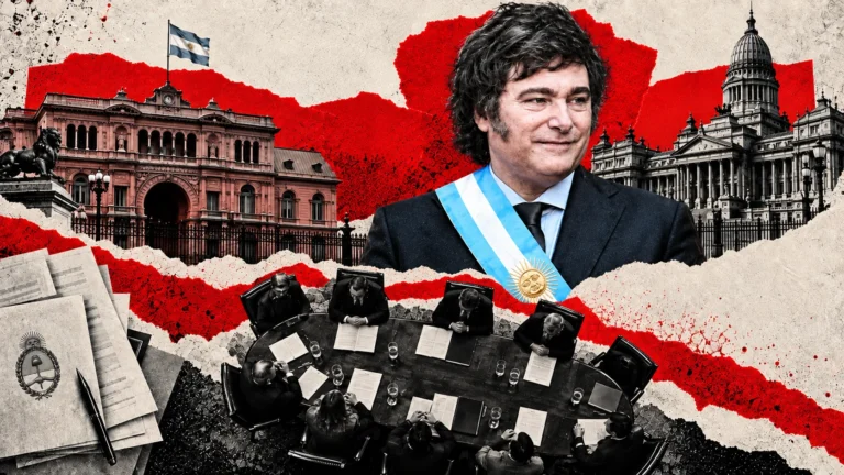 Collage conceptual. Milei reunió al Gabinete y anunció otro viaje a España. No es fotografía documental del hecho.