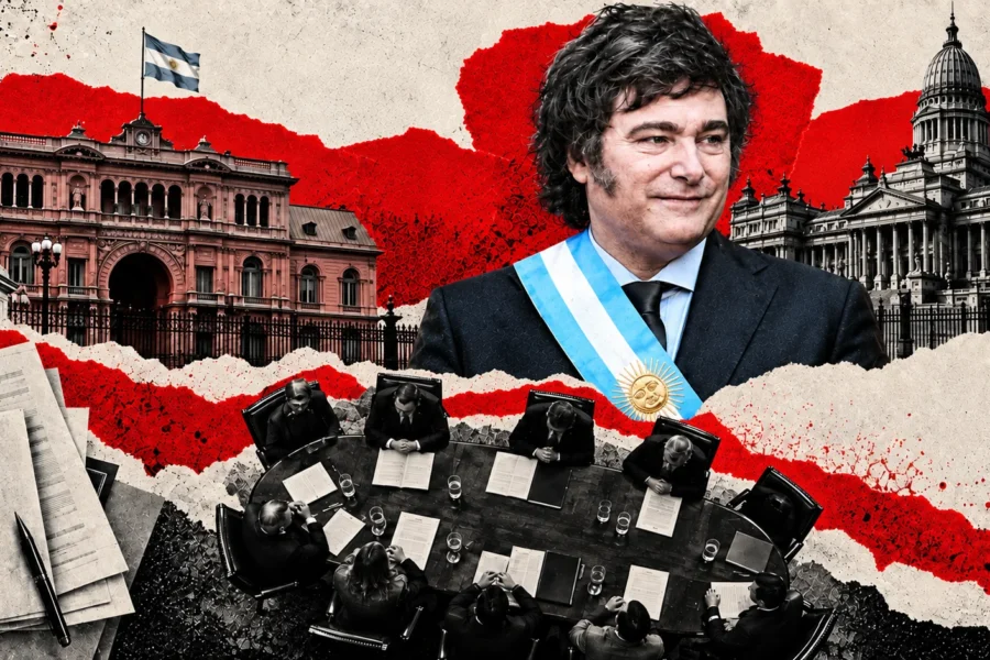 Collage conceptual. Milei reunió al Gabinete y anunció otro viaje a España. No es fotografía documental del hecho.