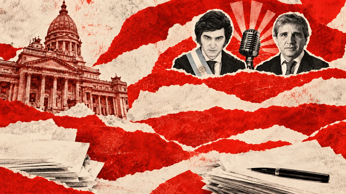 Milei y Caputo reconocibles en collage conceptual de retratos de archivo, con micrófono ilustrativo