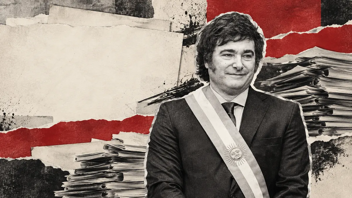 Collage conceptual con rostro reconocible de Javier Milei desde fotografía de archivo y papeles administrativos simbólicos.