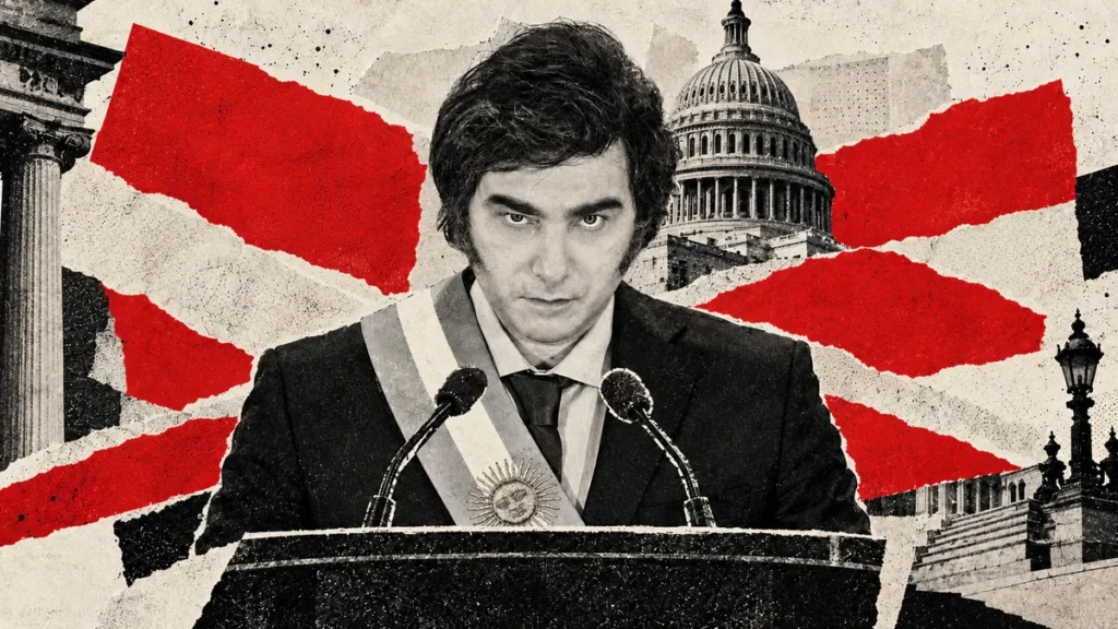 Milei reconocible de archivo en collage conceptual sobre su discurso en Washington