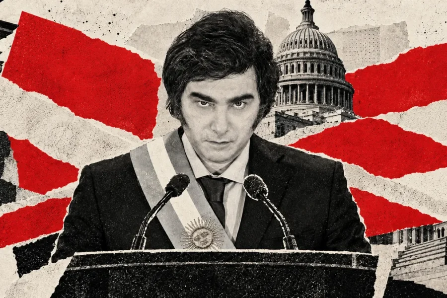 Milei reconocible de archivo en collage conceptual sobre su discurso en Washington