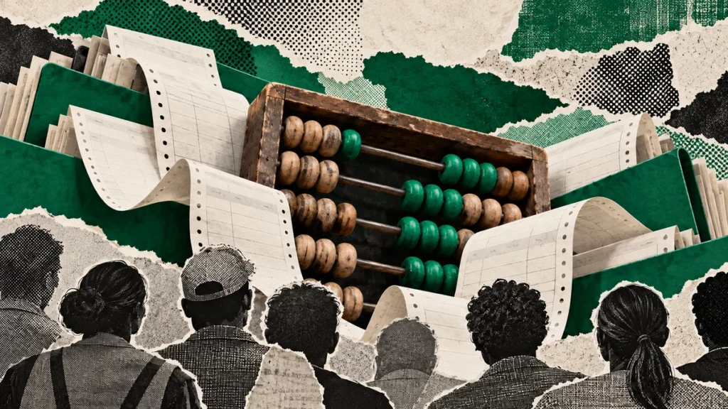 Collage verde conceptual con ábaco, planillas en blanco y siluetas anónimas de trabajadores: acuerdo salarial y componentes pendientes