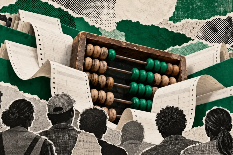Collage verde conceptual con ábaco, planillas en blanco y siluetas anónimas de trabajadores: acuerdo salarial y componentes pendientes