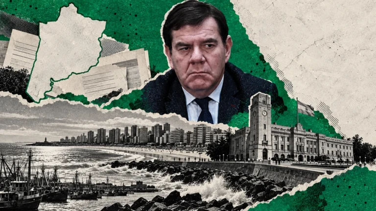 Collage editorial de Guillermo Montenegro, el municipio y la costa de Mar del Plata. Retratos de archivo; montaje ilustrativo.