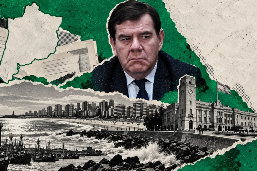 Collage editorial de Guillermo Montenegro, el municipio y la costa de Mar del Plata. Retratos de archivo; montaje ilustrativo.