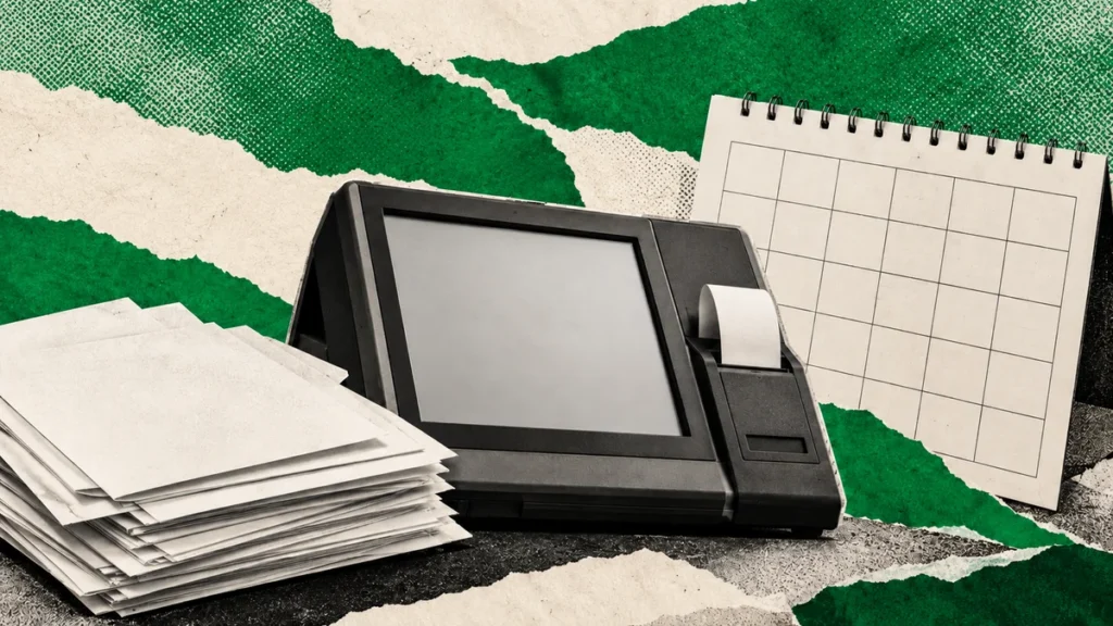 Collage verde con terminal electrónica y calendario abstractos: contratación electoral y fecha por definir