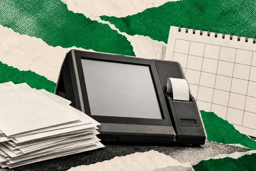 Collage verde con terminal electrónica y calendario abstractos: contratación electoral y fecha por definir
