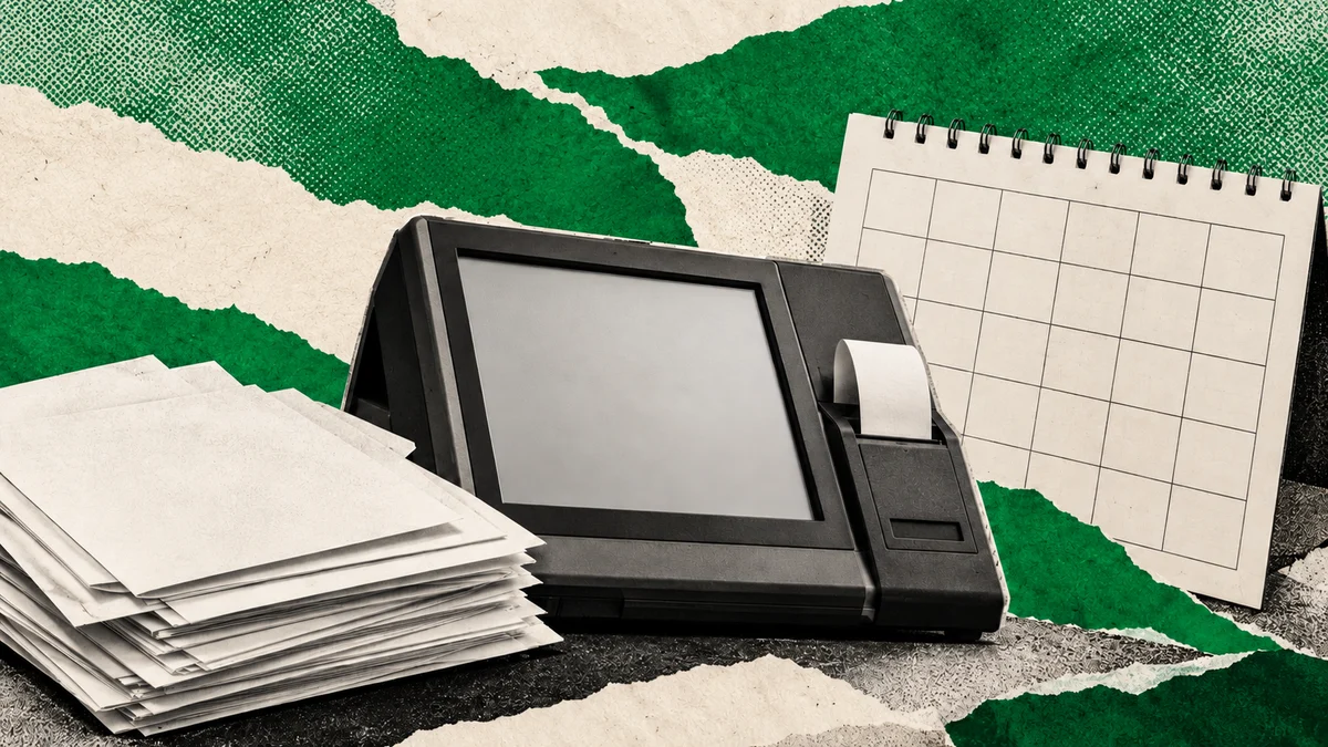 Collage verde con terminal electrónica y calendario abstractos: contratación electoral y fecha por definir