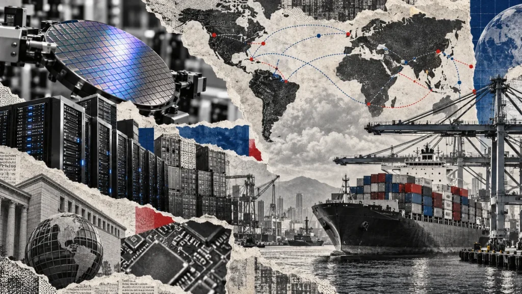 Collage conceptual sobre comercio mundial e infraestructura de inteligencia artificial
