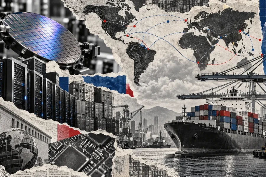 Collage conceptual sobre comercio mundial e infraestructura de inteligencia artificial