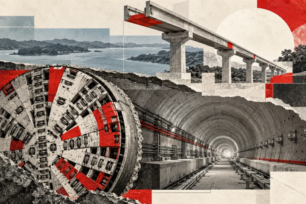 Portada conceptual original de La Red, 26/10/2026, creada con IA integrada: tuneladora y vía de papel bajo una franja de agua. No representa una fotografía del Canal, del acto o de la obra real.