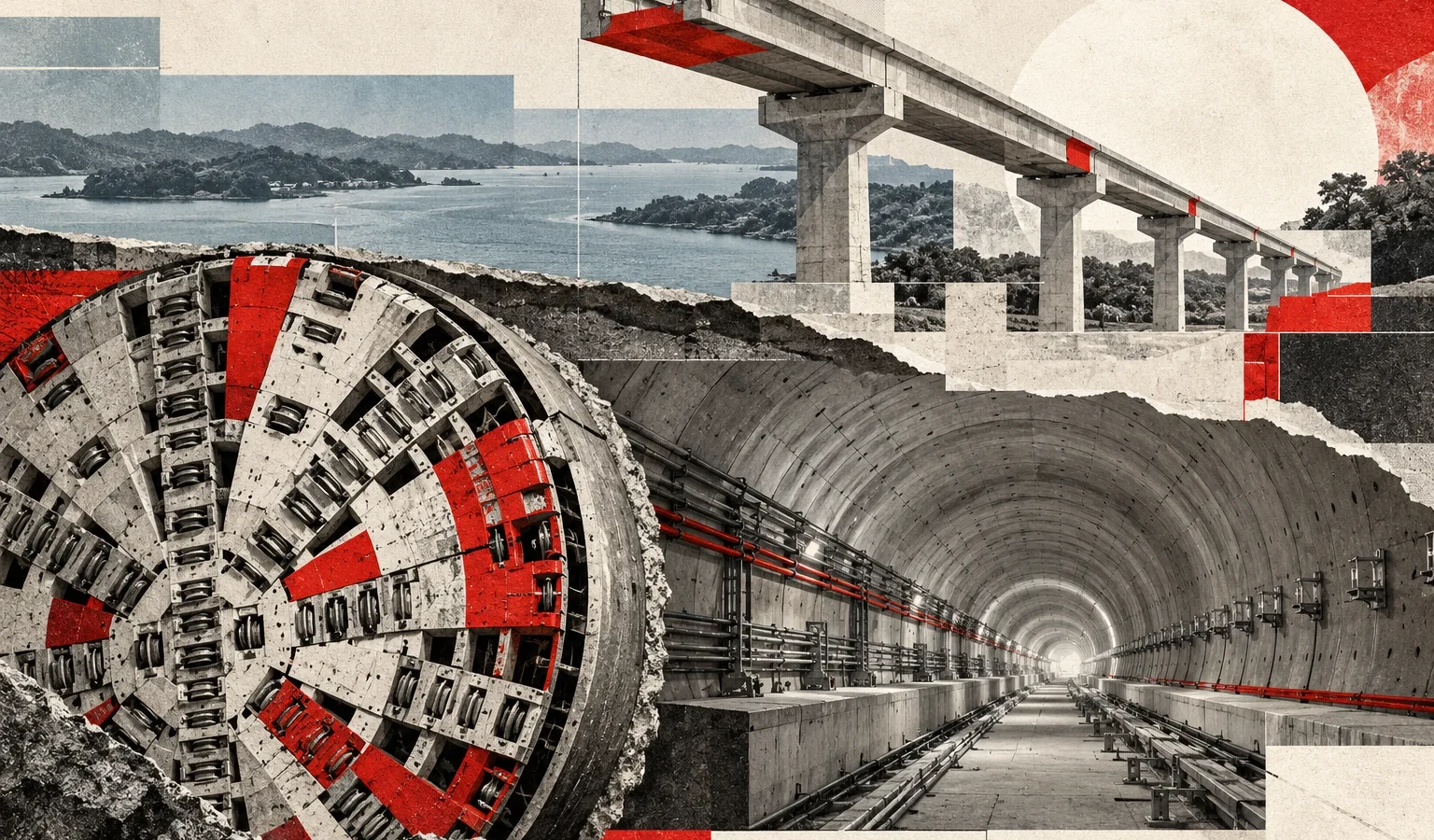 Portada conceptual original de La Red, 26/10/2026, creada con IA integrada: tuneladora y vía de papel bajo una franja de agua. No representa una fotografía del Canal, del acto o de la obra real.