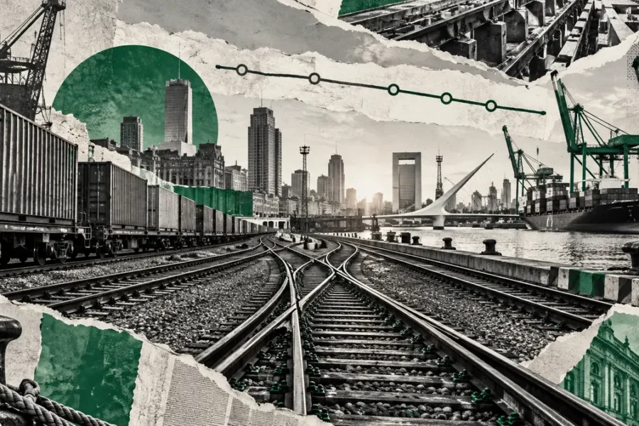 Collage conceptual de ciudad / infraestructura, sin protagonistas personales inventados.