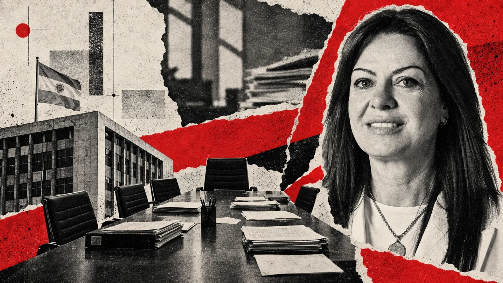 Collage editorial de Sandra Pettovello y una mesa de negociación laboral. Retratos de archivo; montaje ilustrativo.