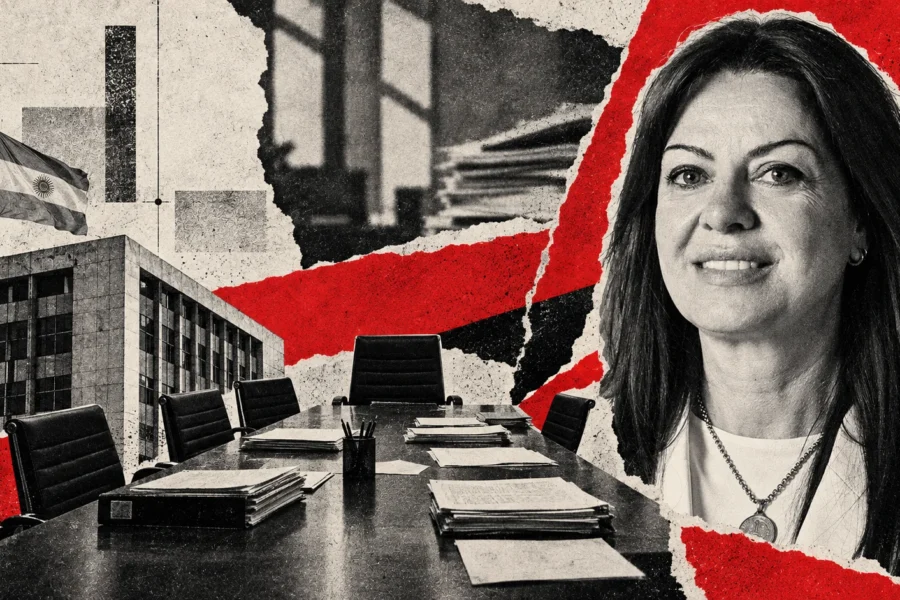 Collage editorial de Sandra Pettovello y una mesa de negociación laboral. Retratos de archivo; montaje ilustrativo.