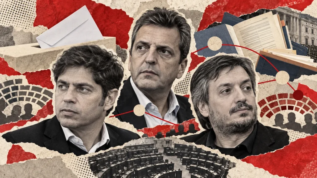Collage rojo con retratos interpretativos de Kicillof, Massa y Máximo Kirchner, sobre electoral y carpeta presupuestaria