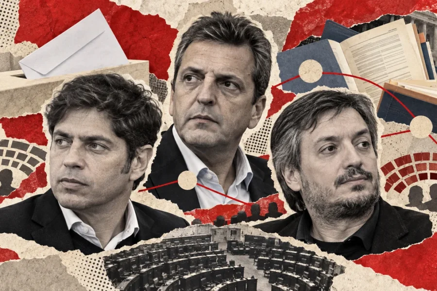 Collage rojo con retratos interpretativos de Kicillof, Massa y Máximo Kirchner, sobre electoral y carpeta presupuestaria