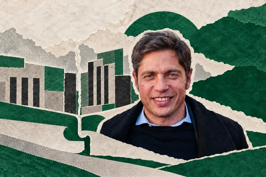 Kicillof de archivo en collage conceptual verde sobre coordinación policial y debate de recursos bonaerenses