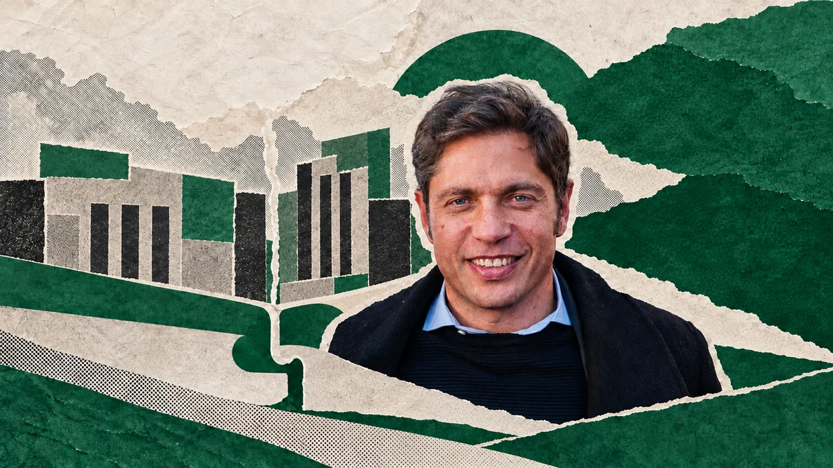 Kicillof de archivo en collage conceptual verde sobre coordinación policial y debate de recursos bonaerenses
