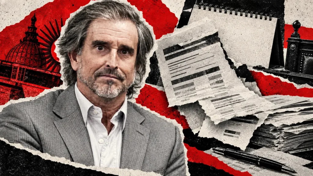 Retrato reconocible de Bertie Benegas Lynch en collage conceptual con papeles presupuestarios, no fotografía de la reunión