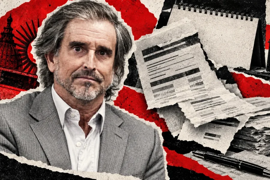 Retrato reconocible de Bertie Benegas Lynch en collage conceptual con papeles presupuestarios, no fotografía de la reunión